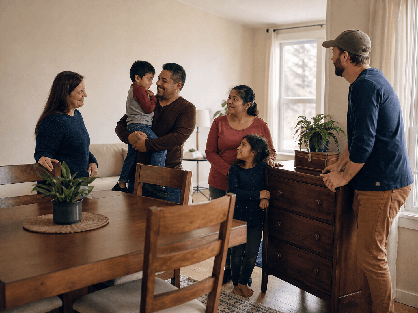 A family and volunteers share a warm moment in a living room furnished with a restored table, chairs, and dresser.