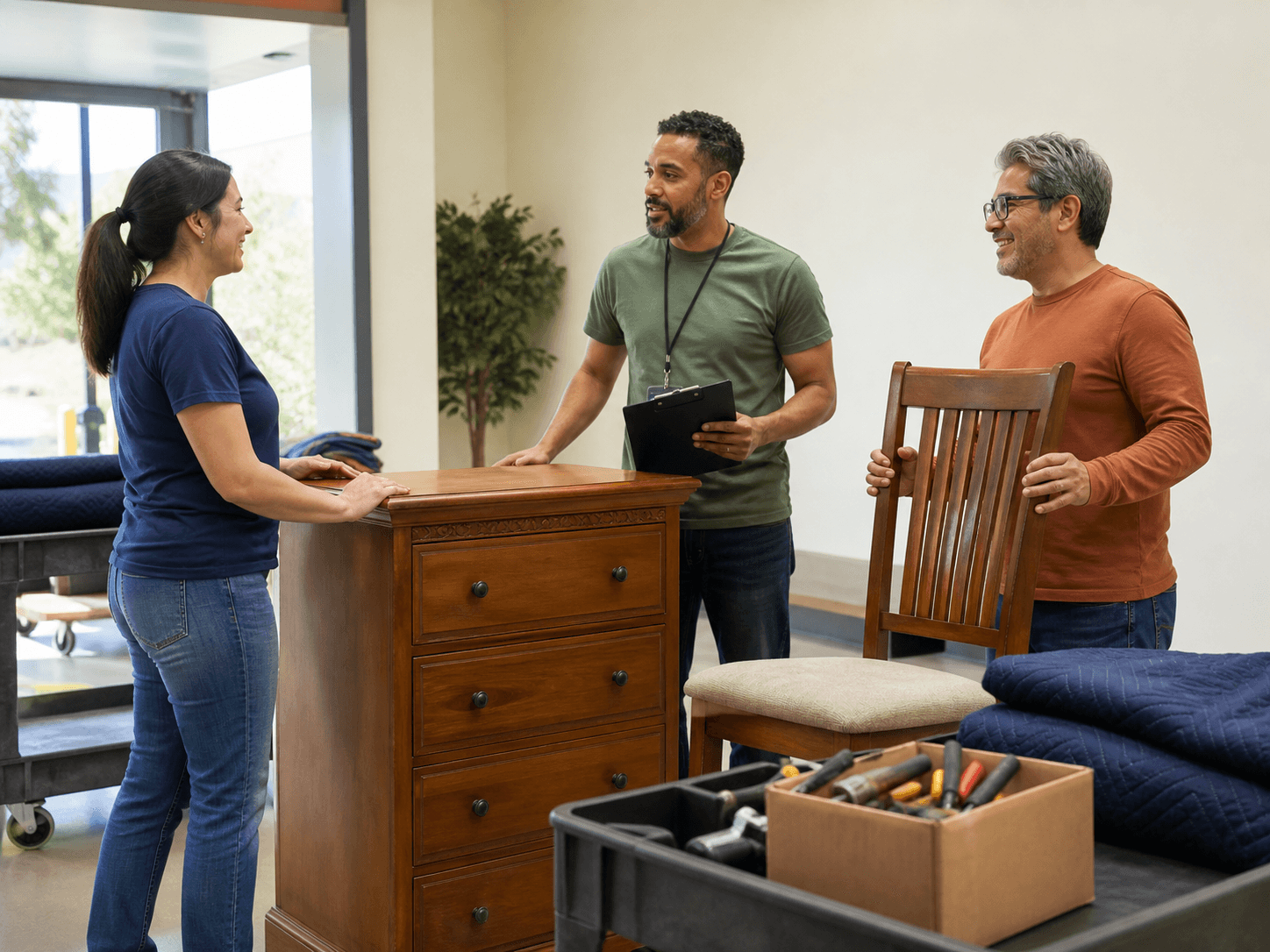 A donor and volunteers discuss a wooden dresser, dining chair, and tools at an organized intake area.