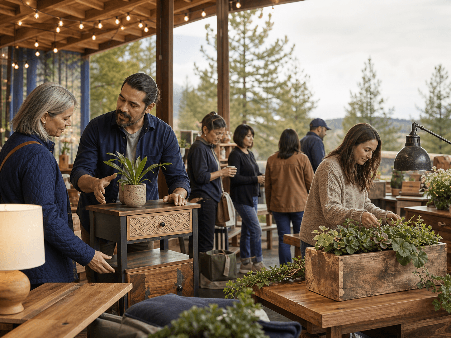 Makers and visitors gather among repurposed furniture, plants, lamps, and reclaimed-wood goods at an open-air market.